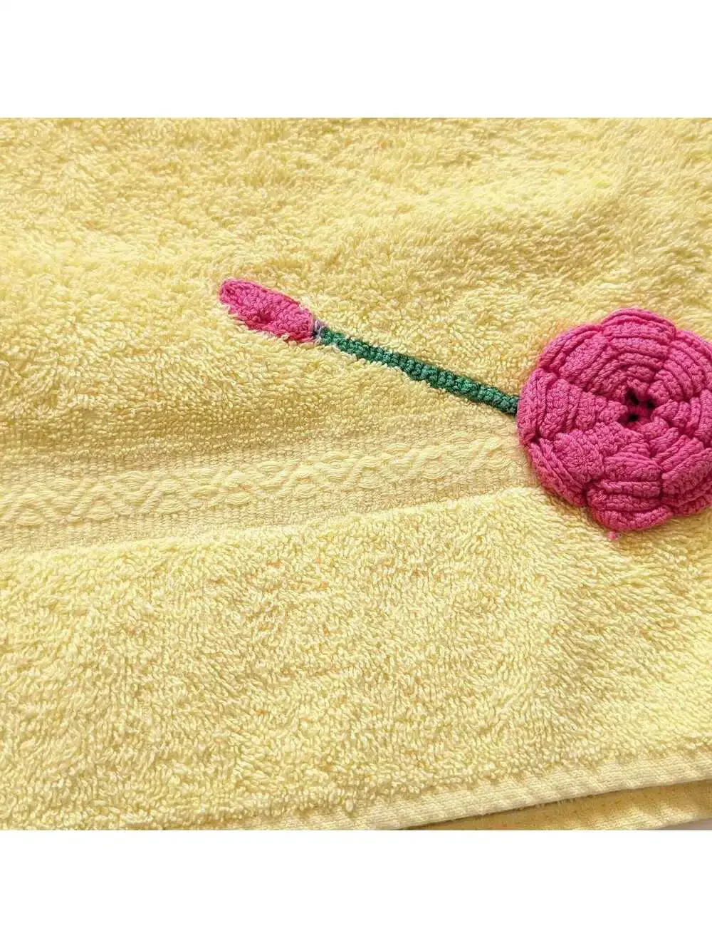 Vintage Yellow Bath Towel with Red Crochet Rose Applique